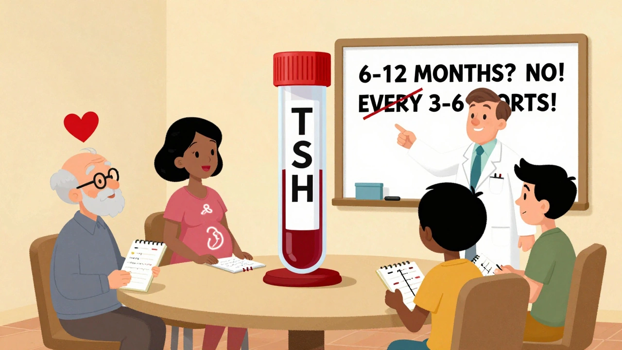 Diverse patients with symptoms at a table beside a giant TSH blood test tube and doctor