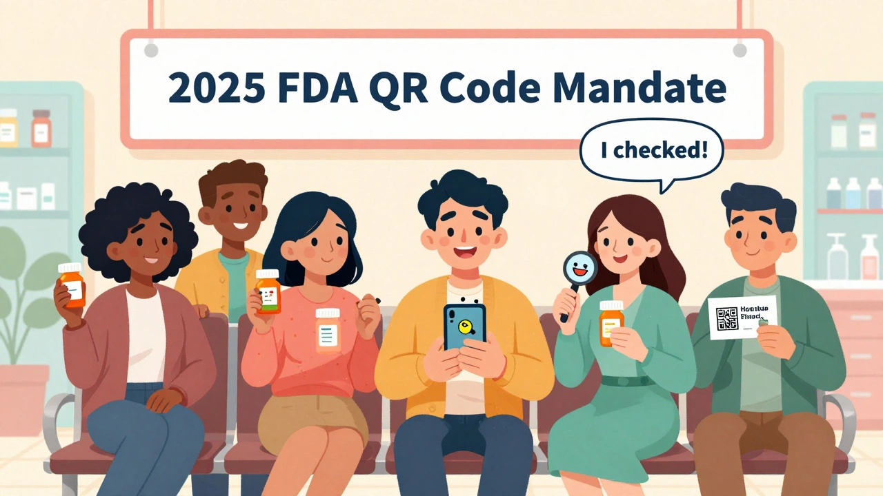 Diverse people in pharmacy using tools to verify meds with QR code and magnifier.