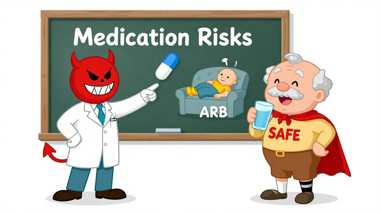 Doctor explains medication risks with cartoon pills—dangerous ones with fangs, safe one as superhero.