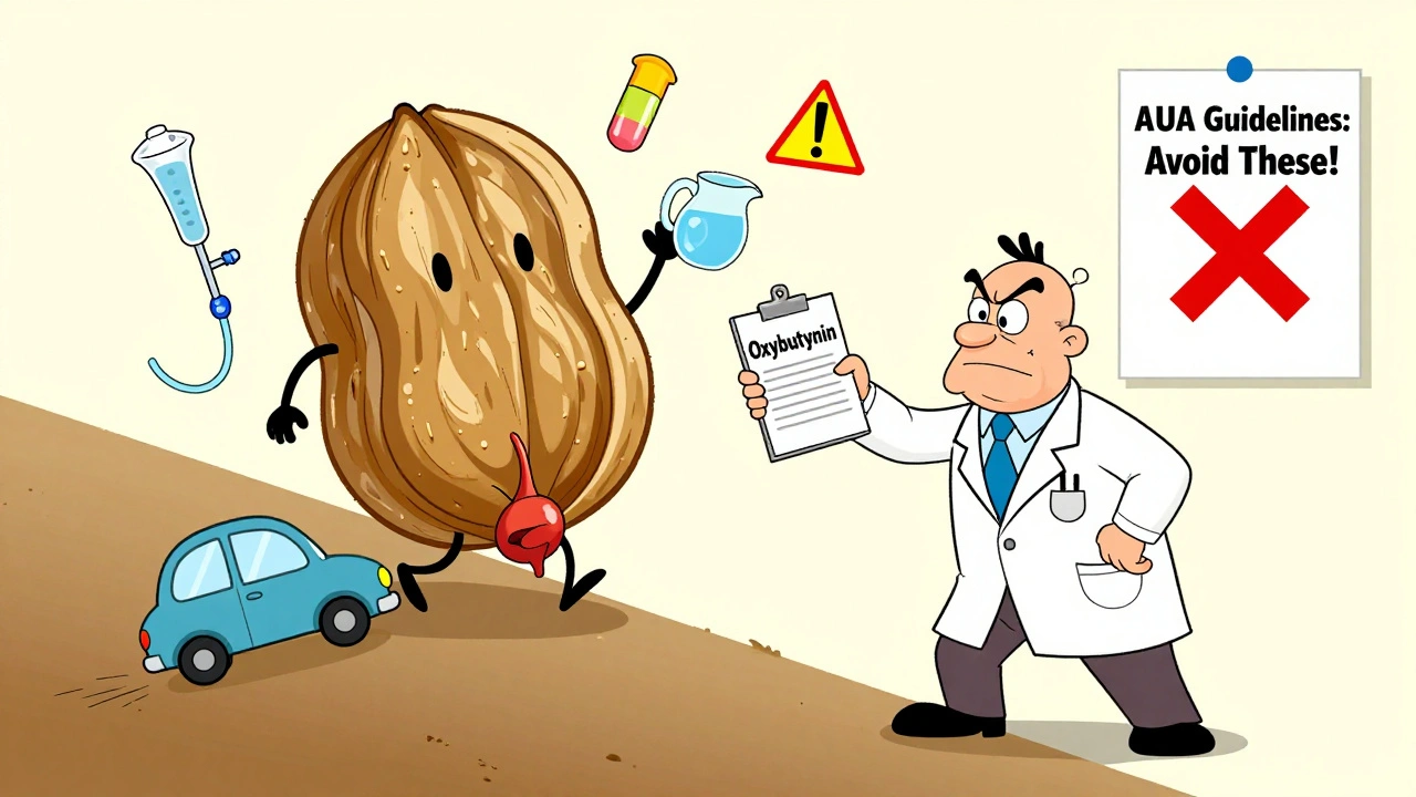 Doctor prescribing anticholinergic while prostate blocks bladder muscle like a hill