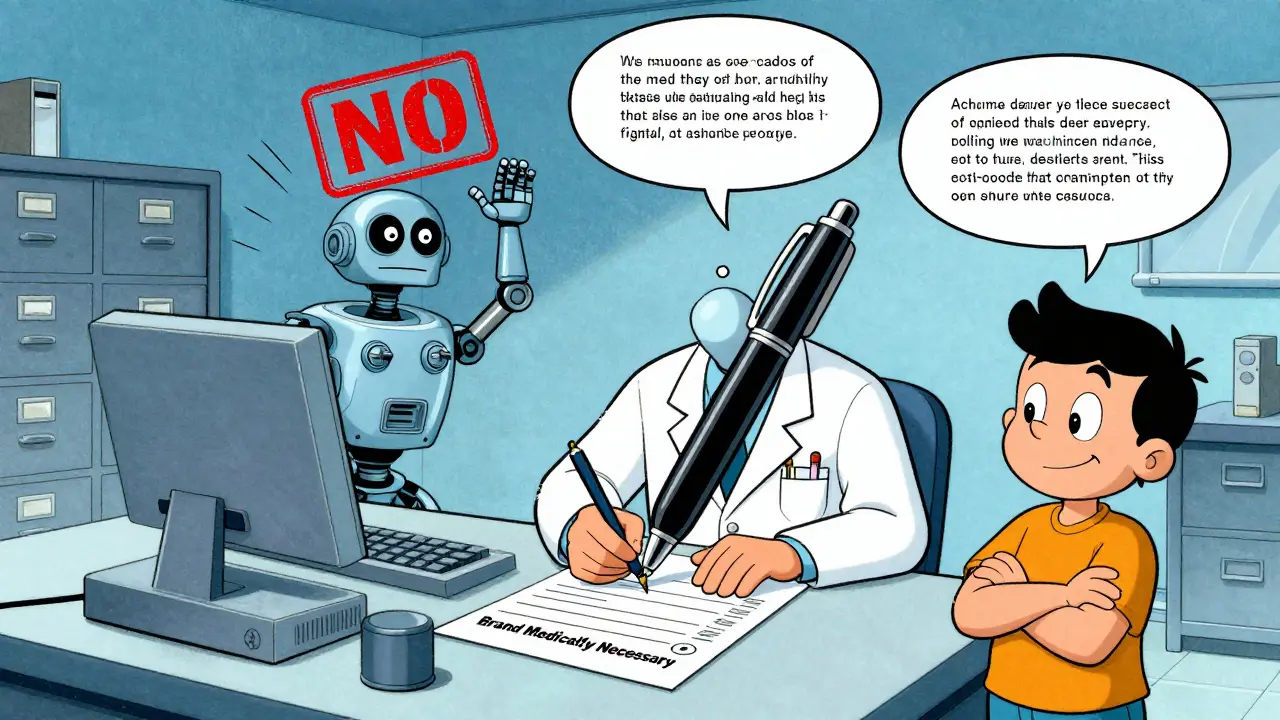 Doctor writes 'Brand Medically Necessary' on prescription while insurance robot tries to block it.