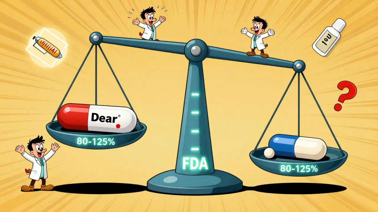 FDA scale balancing brand and generic drugs with 80-125% markers glowing brightly.