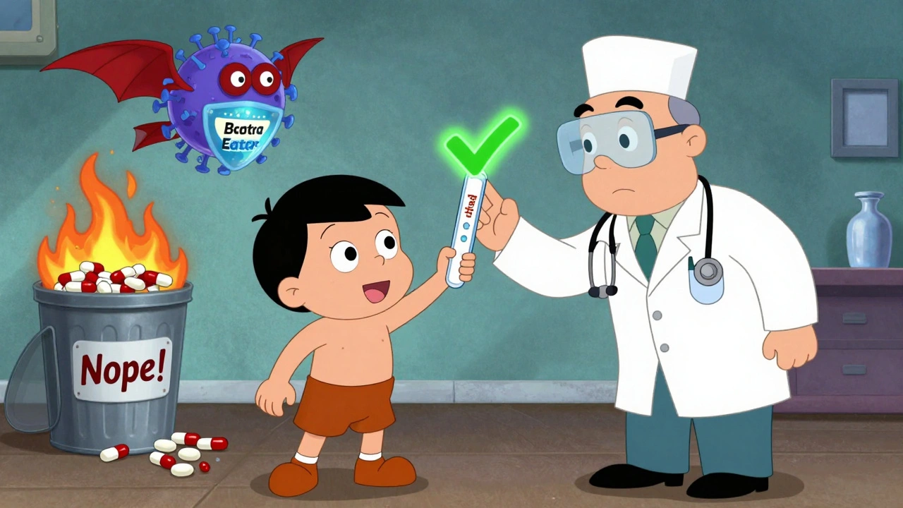 FebriDx test device celebrating with a doctor as antibiotics are thrown away