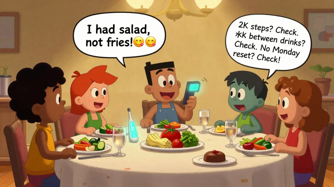 Friends enjoy holiday meal with veggies and one treat, texting accountability, weight stable.