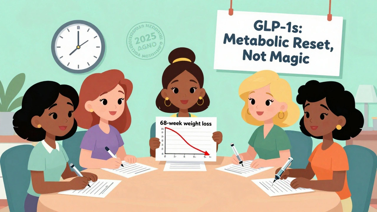Group of women discussing GLP-1s with weight loss charts and medical symbols, cartoon style, vibrant colors, 1960s aesthetic.