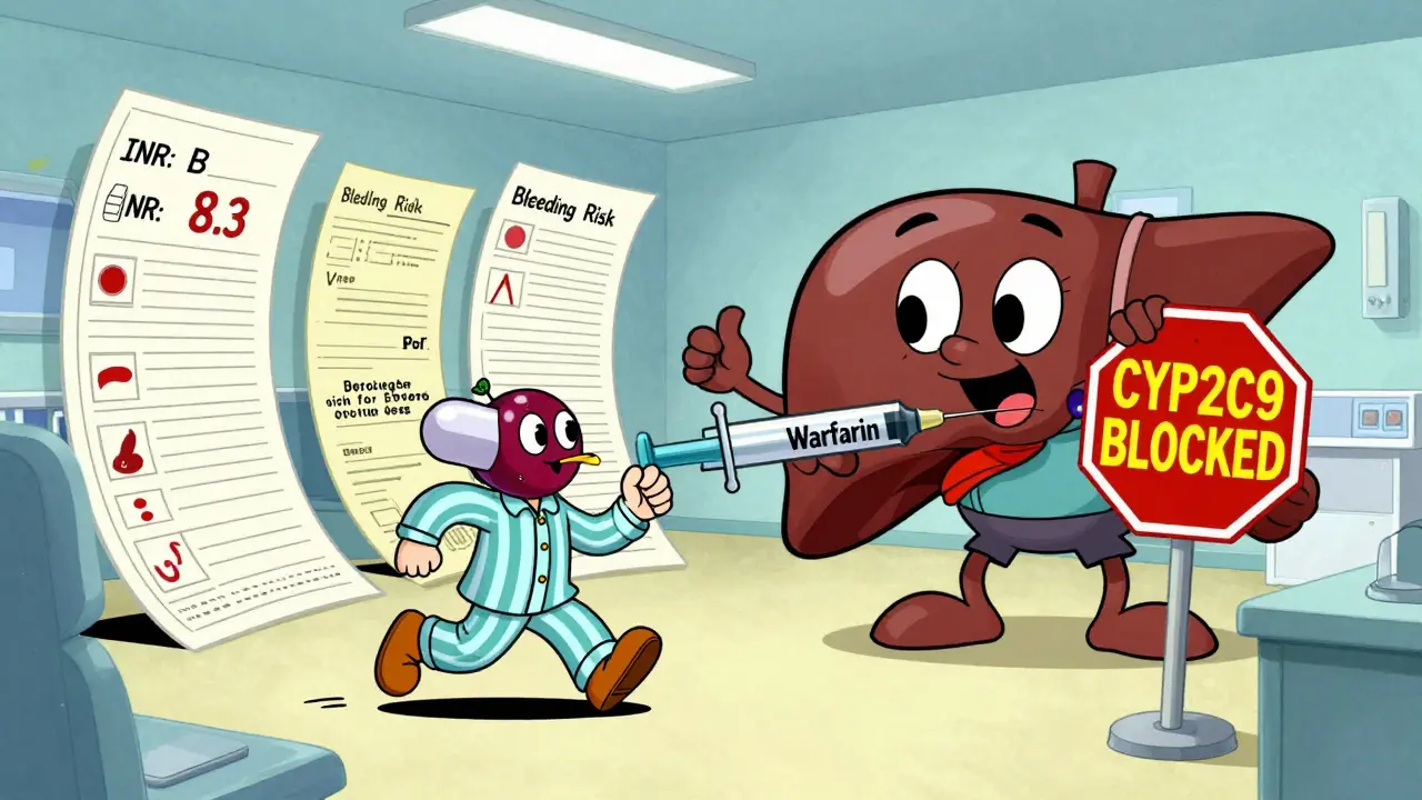 Hospital scene with giant INR charts and a fleeing cranberry capsule in Hanna-Barbera style.