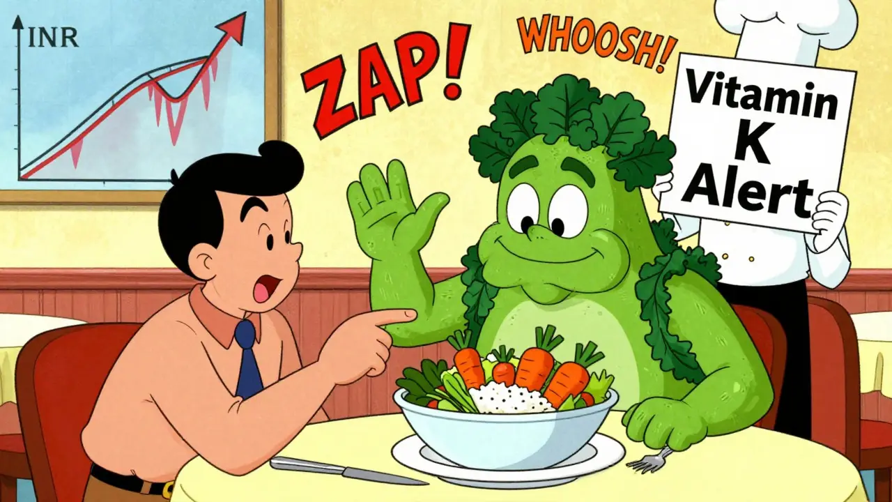Man at restaurant nervous about leafy green salad with animated vitamin K monster