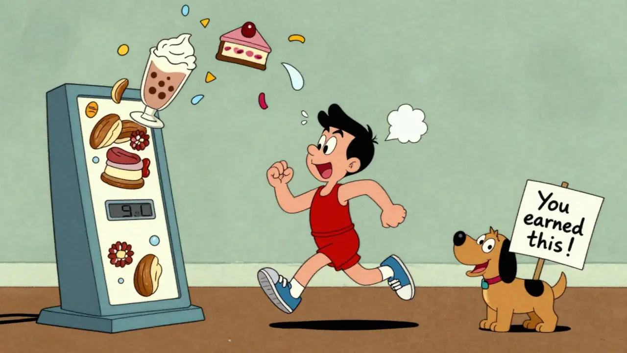 Man jogs while floating snacks rain down, dog smirks with a 'you earned this' sign.