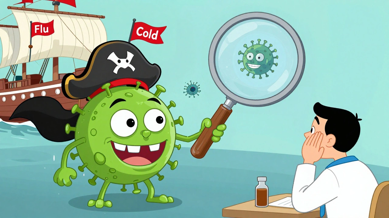 Mischievous virus invading a human cell while a doctor refuses antibiotics
