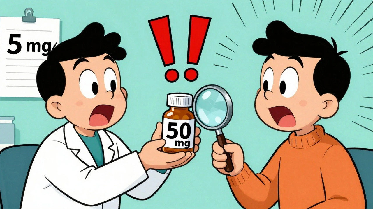 Patient points at wrong dosage on pill bottle while pharmacist looks shocked.