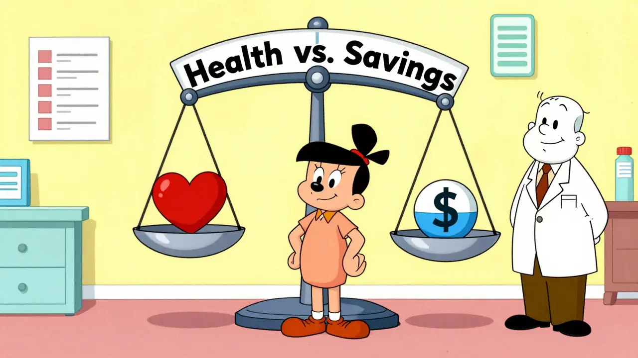 Patient stands beside a scale tipping toward health over savings, with medical and pharmacy icons around.