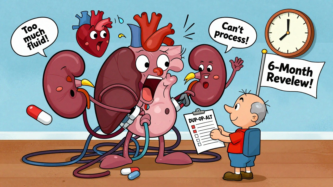 Patient using DUP-OP-ALT checklist as organs argue with pills in a chaotic medical system.