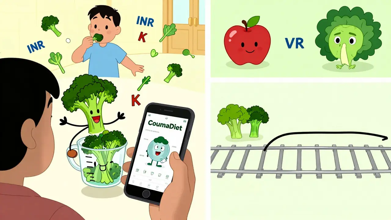 Person using app to measure broccoli portions with steady INR line beside chaotic eating scene