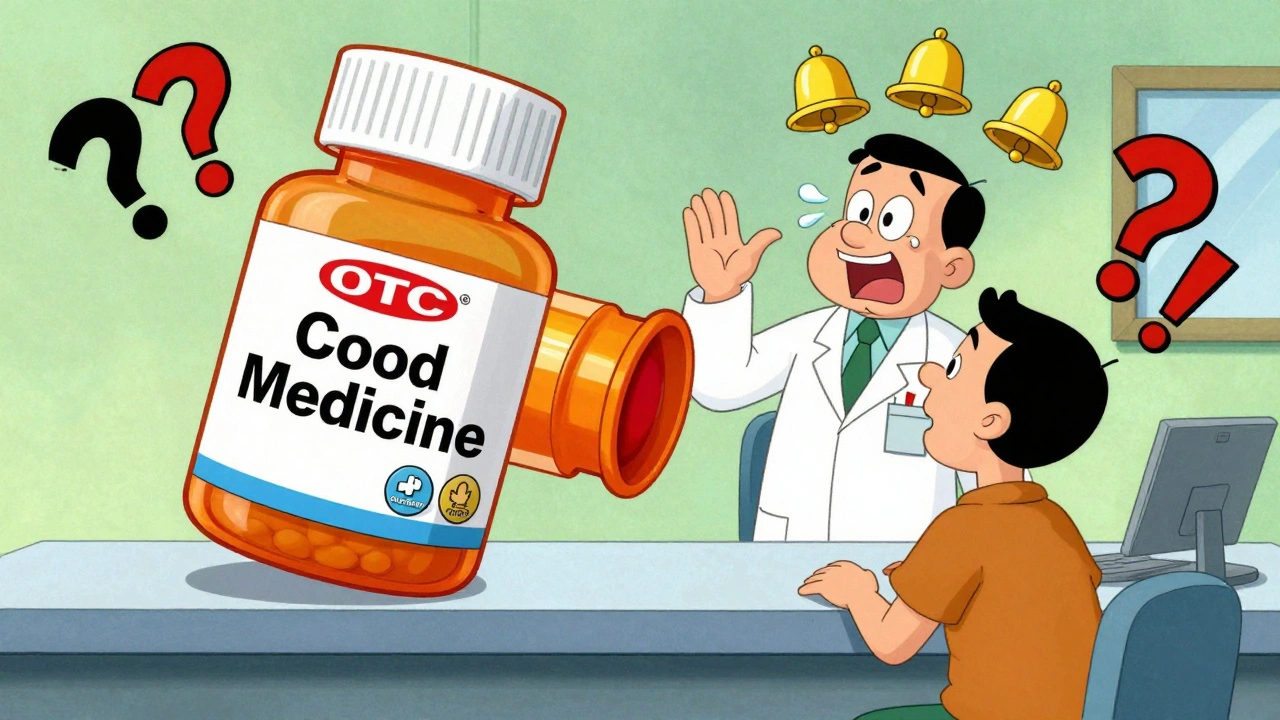 Pharmacist overwhelmed by a giant OTC medicine bottle near a patient with multiple health conditions.