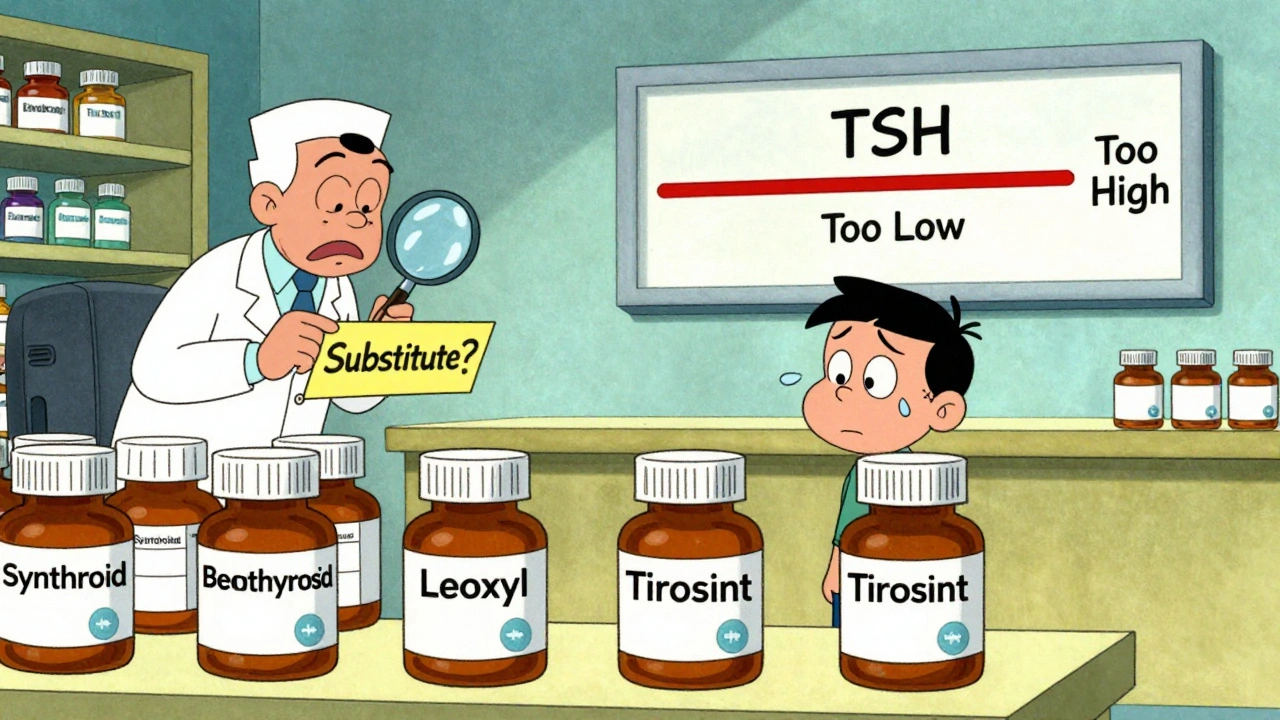 Pharmacy scene with multiple levothyroxine brands and a wild TSH meter showing imbalance