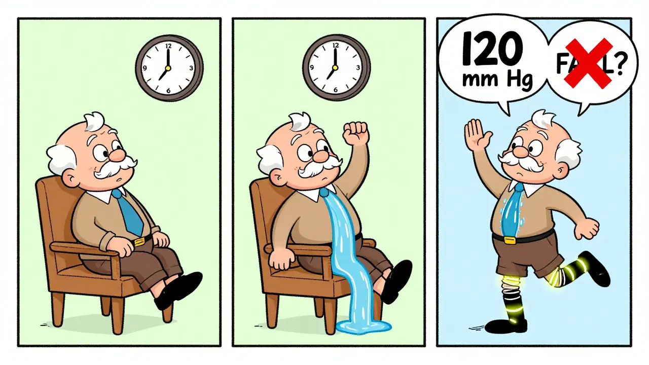 Senior standing slowly in three panels, blood flowing upward, compression socks glowing, fall risk crossed out.