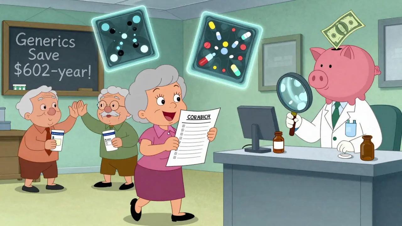 Senior woman and pharmacist examining pill list with cartoon X-rays showing drug equivalence.