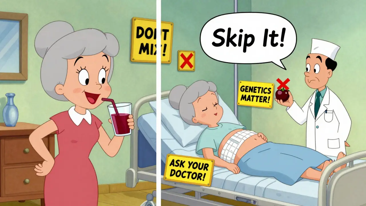 Split cartoon scene: happy cranberry drinker vs. hospitalized patient with warning signs.