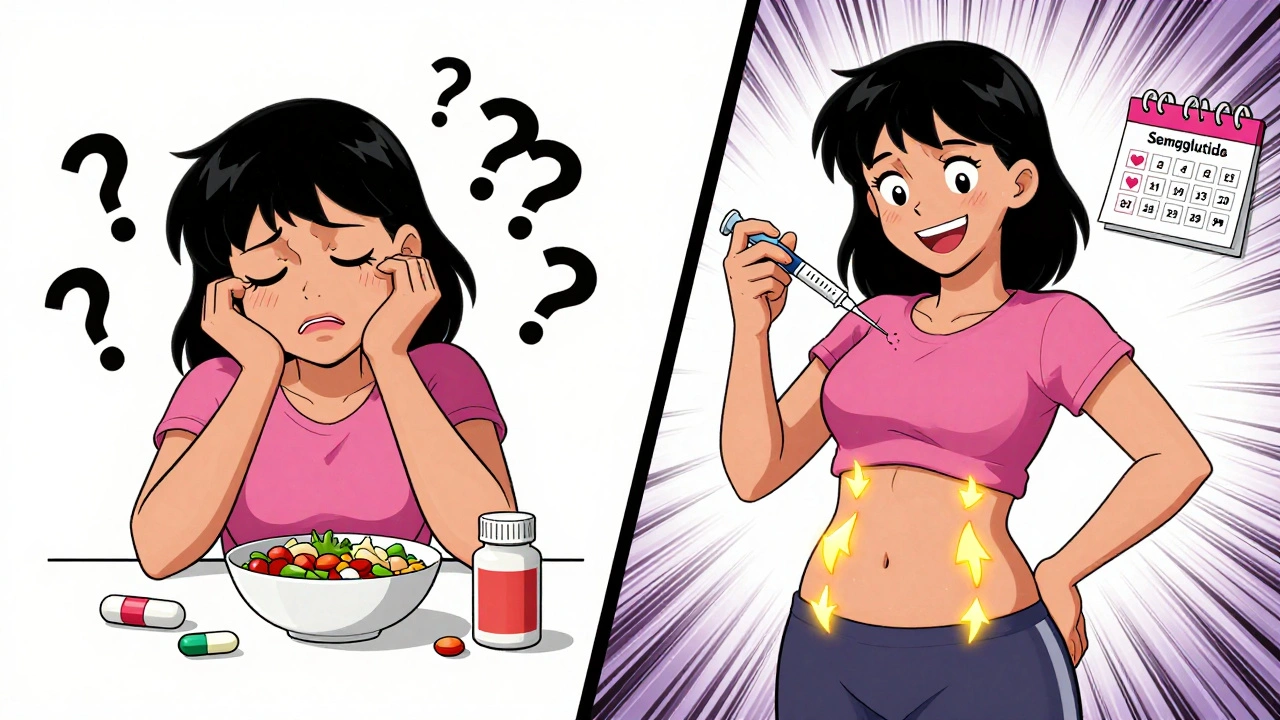 Split cartoon scene: left side shows struggle with metformin and junk food, right side shows success with GLP-1 and improved health.