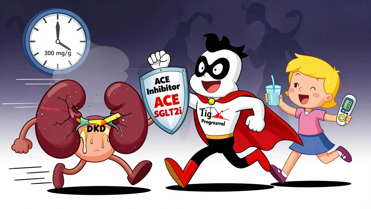 Superhero 'Tight Control' racing against a crumbling kidney labeled DKD