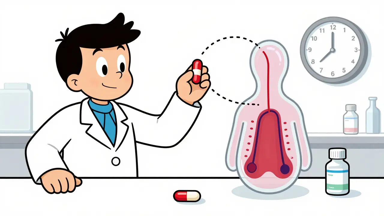 Volunteer taking pills in a lab with blood concentration curves shown inside their body.