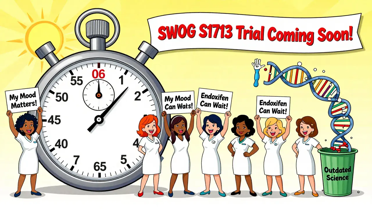 Women celebrating as outdated CYP2D6 testing fades away, stopwatch counting down to 2025 trial.