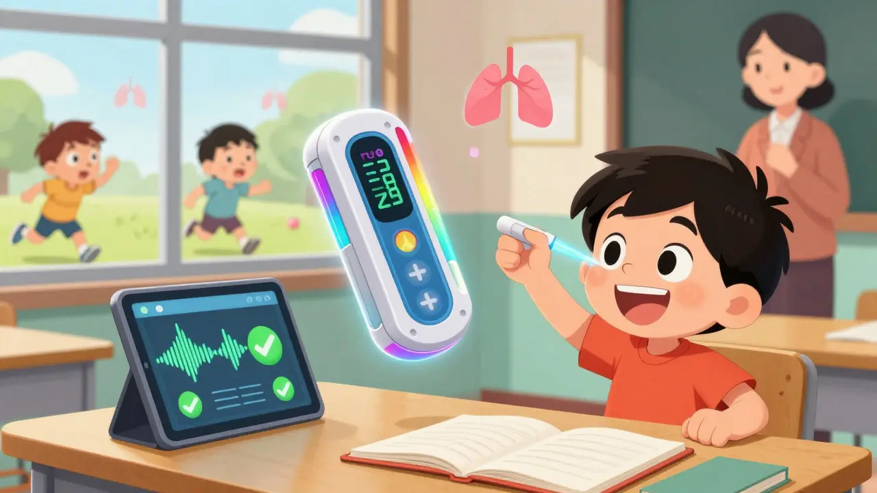 A high-tech foldable spacer with a digital counter and smartphone app helping a child use it correctly at school.