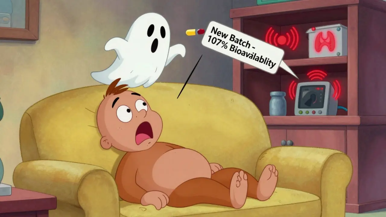 A patient shocked as a ghostly pill labeled '107% bioavailability' floats from their medicine cabinet.