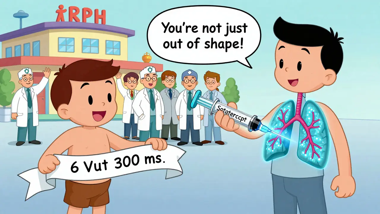 A patient with short walk distance sees a drug reversing lung artery damage, with specialists in the background.