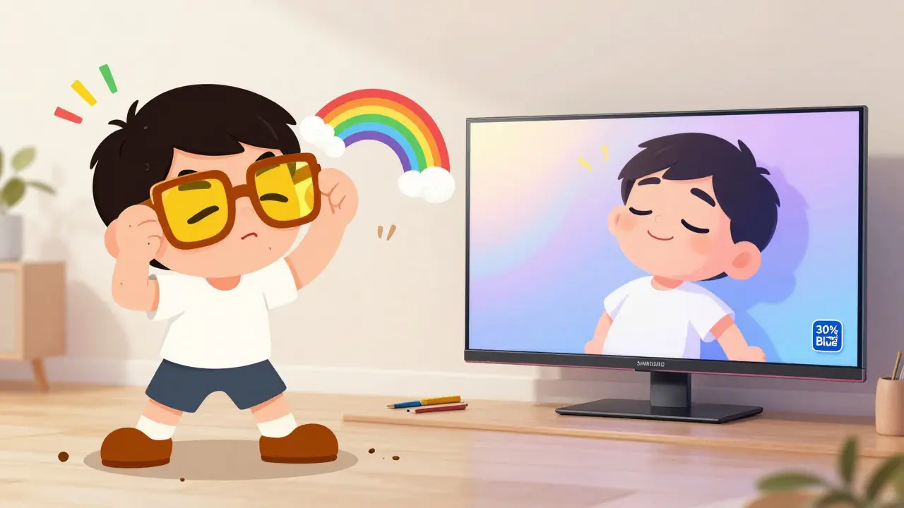 A person in yellow-tinted glasses struggling to paint versus someone relaxing beside a sleek screen with reduced blue light.