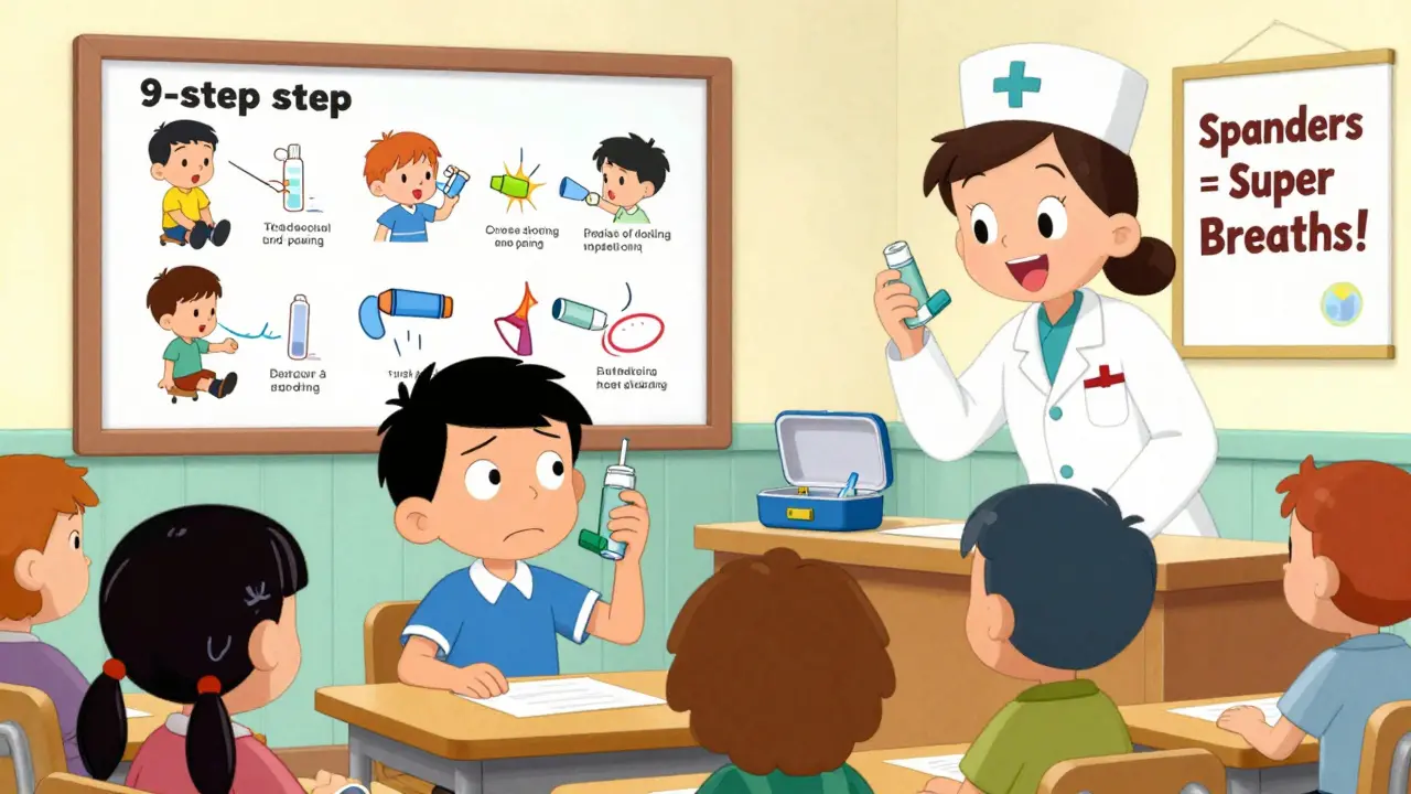 A school nurse encouraging a hesitant student to use a spacer in the classroom with a helpful chart on the wall.