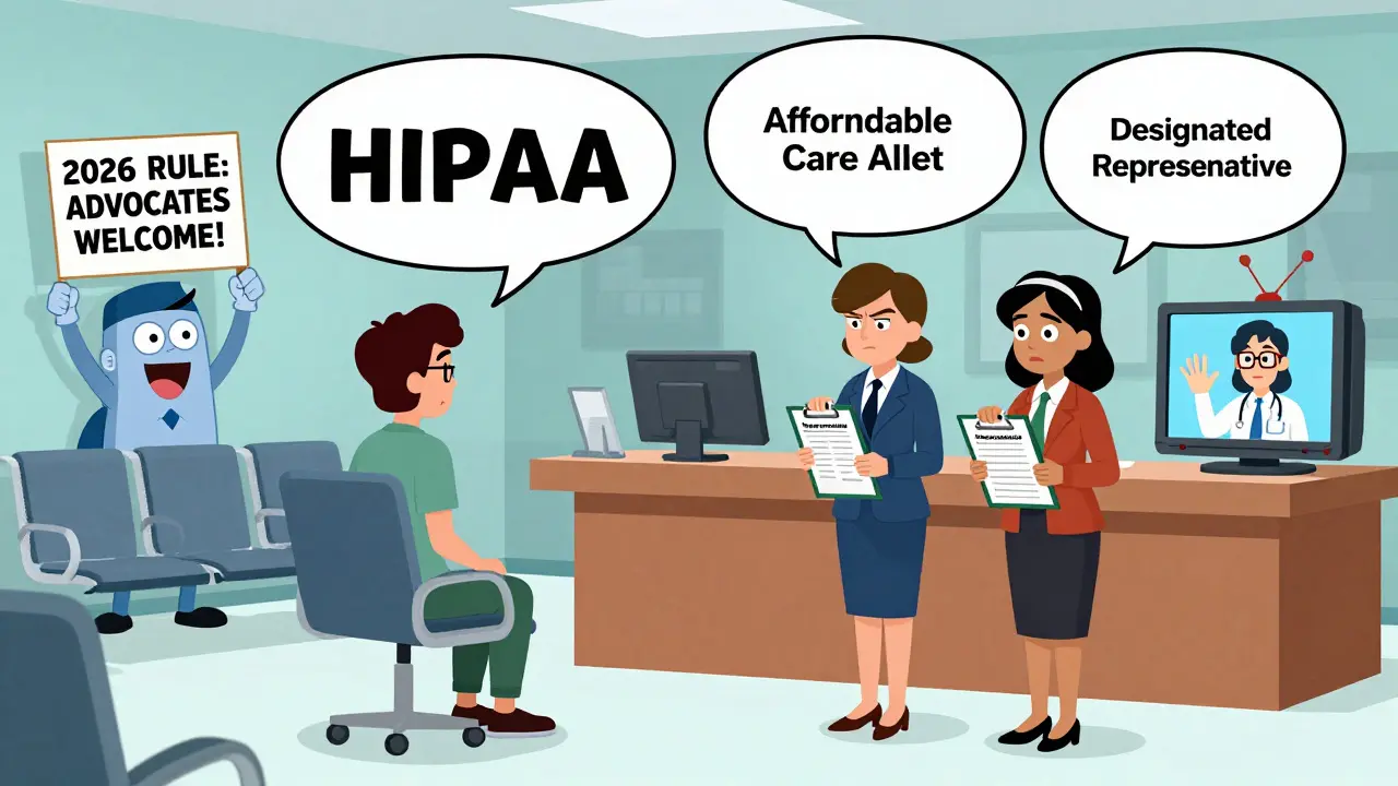 Advocate confronts receptionist with legal rights form while CDC cheers in background.
