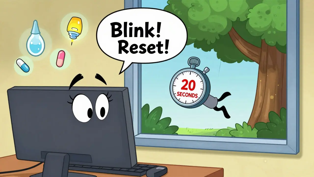 An eye leaping away from a monitor to a tree to follow the 20-20-20 rule, with floating health icons in classic cartoon style.