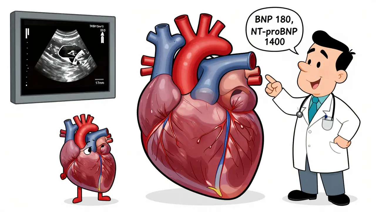 Cartoon right heart showing thickened walls and low TAPSE on an ultrasound screen with biomarker warnings.