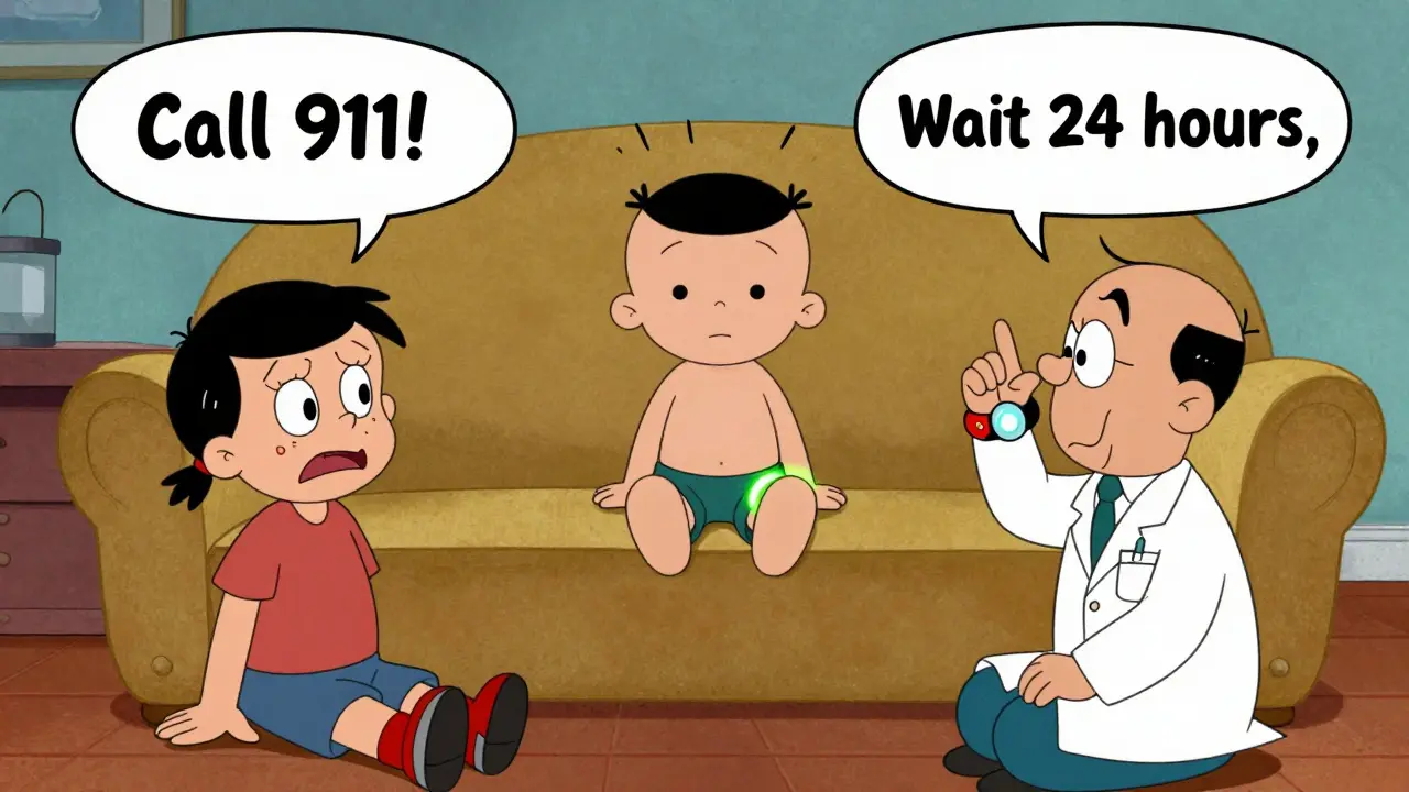 Child with mild rash beside medical alert bracelet, split-panel showing safe vs dangerous choices