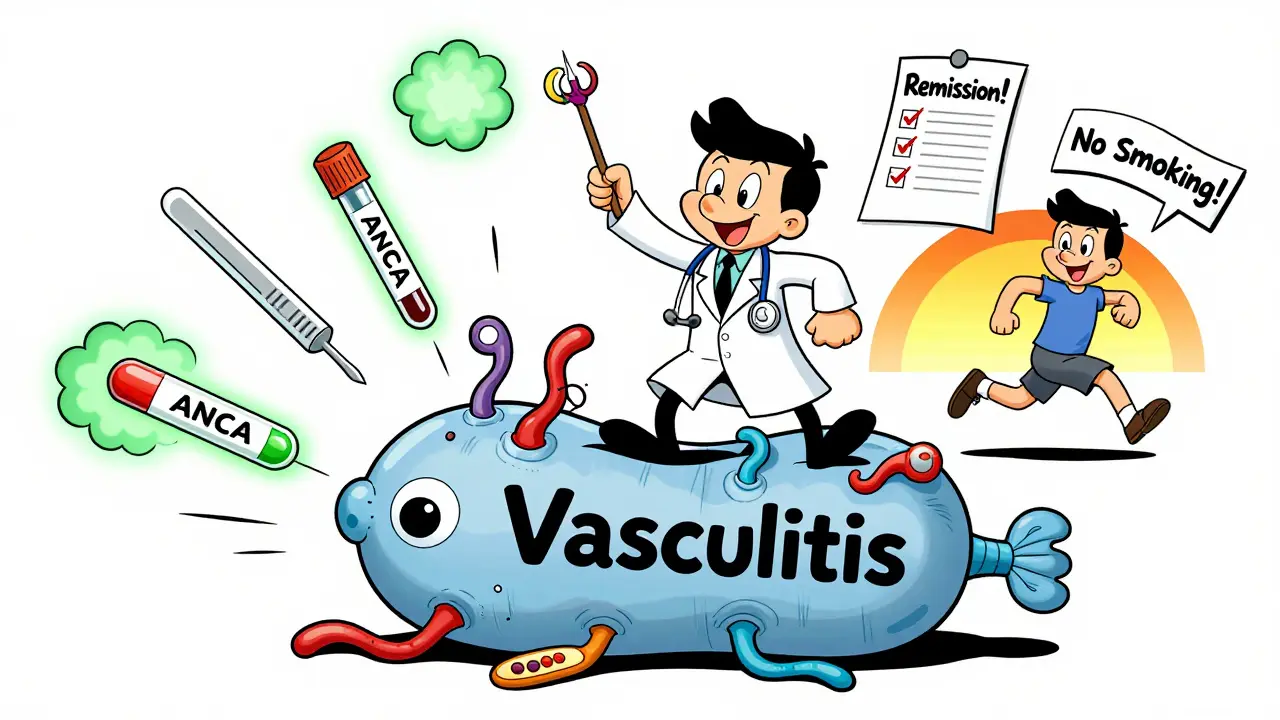 Doctor defeats vasculitis monster with medicine as patient jogs to recovery