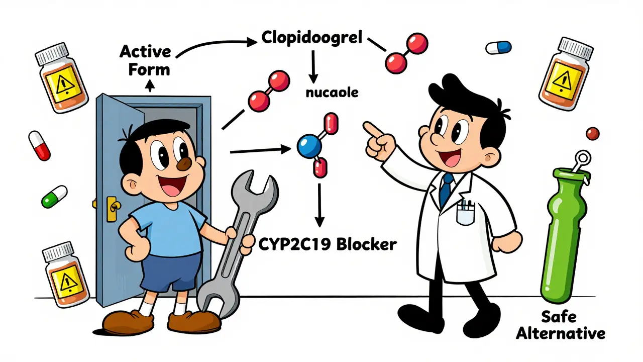 Doctor explains drug interaction with flowchart, showing omeprazole blocking clopidogrel while pantoprazole is safe.