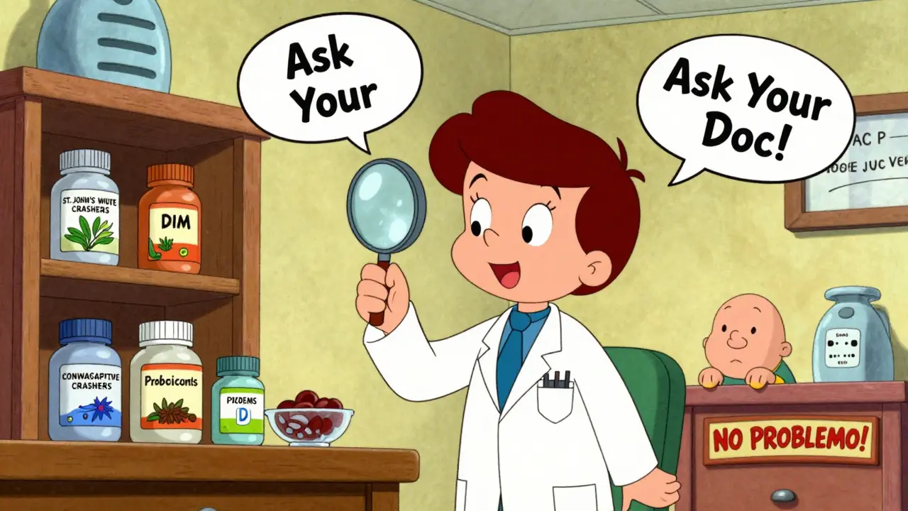 Doctor explains which herbal supplements interfere with birth control in a colorful cartoon chart