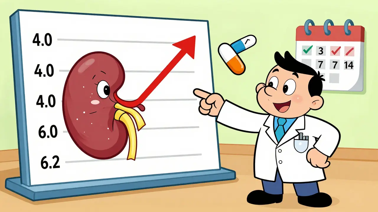 Doctor pointing at a rising potassium chart with cartoon kidneys clogged by crystals, pills arguing in background, 1960s cartoon style.