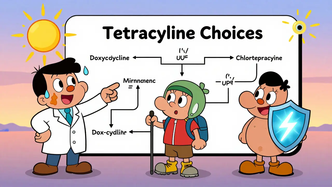 Doctor showing cartoon comparison of tetracycline antibiotics with sun safety outcomes.