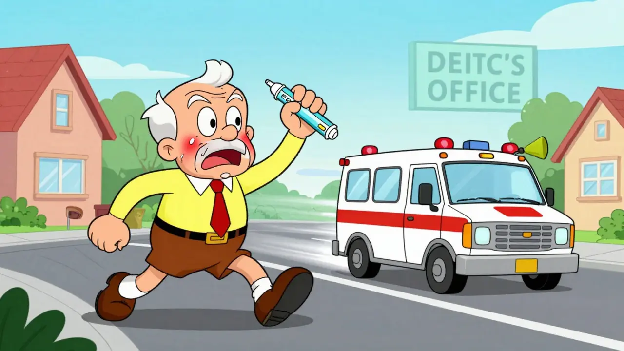 Elderly man using EpiPen as ambulance rushes toward him, doctor's office fading away