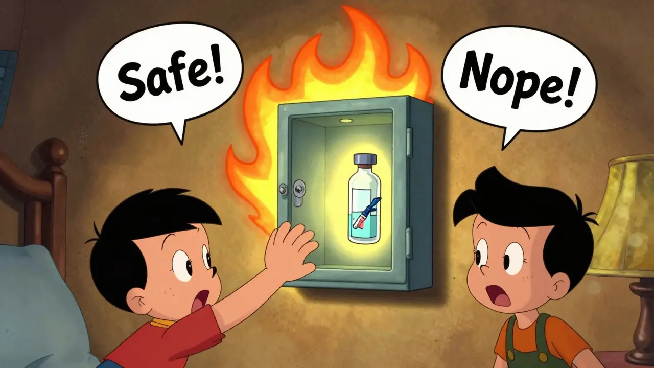 Glowing lockbox protects family from fire, kids, and teens, with medical icons floating around it.