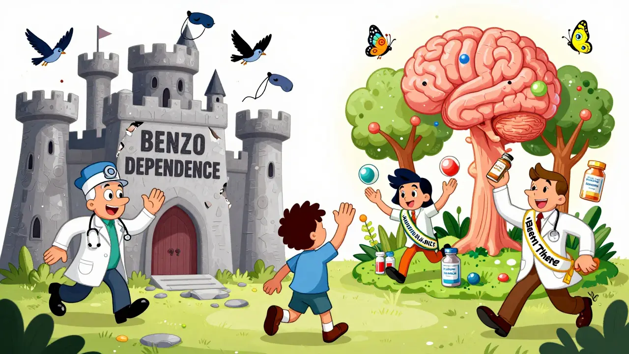 Healthcare team high-fiving as patient leaves a crumbling benzodiazepine castle for a healing garden