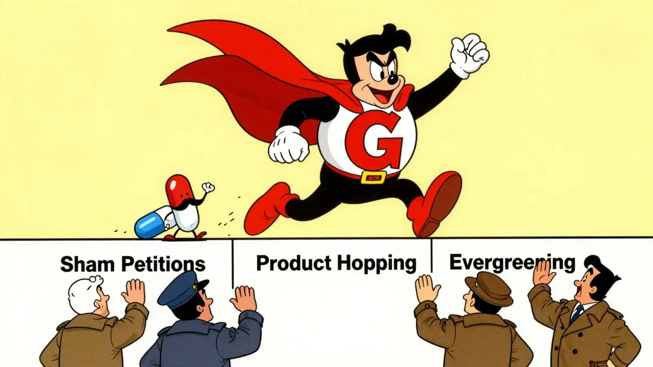 Heroic generic drug logo defeats patent obstacles with FTC cheering.