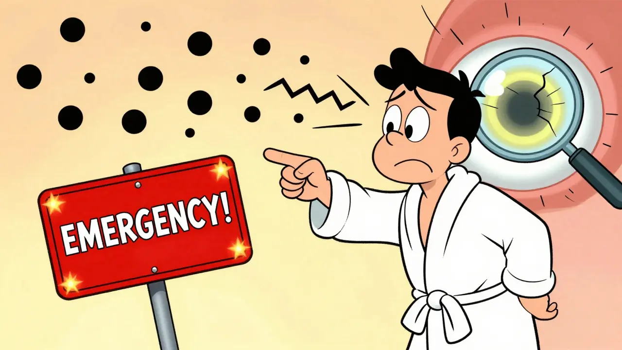 Man alarmed by sudden burst of floaters and flashes, with a warning sign and damaged retina in cartoon style.