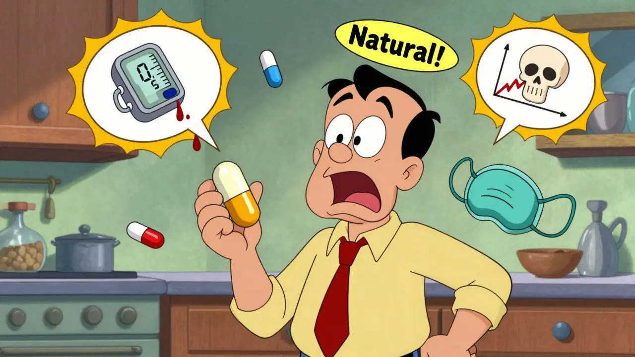 Man holding goldenseal capsule as prescription pills explode into warning signs around him.