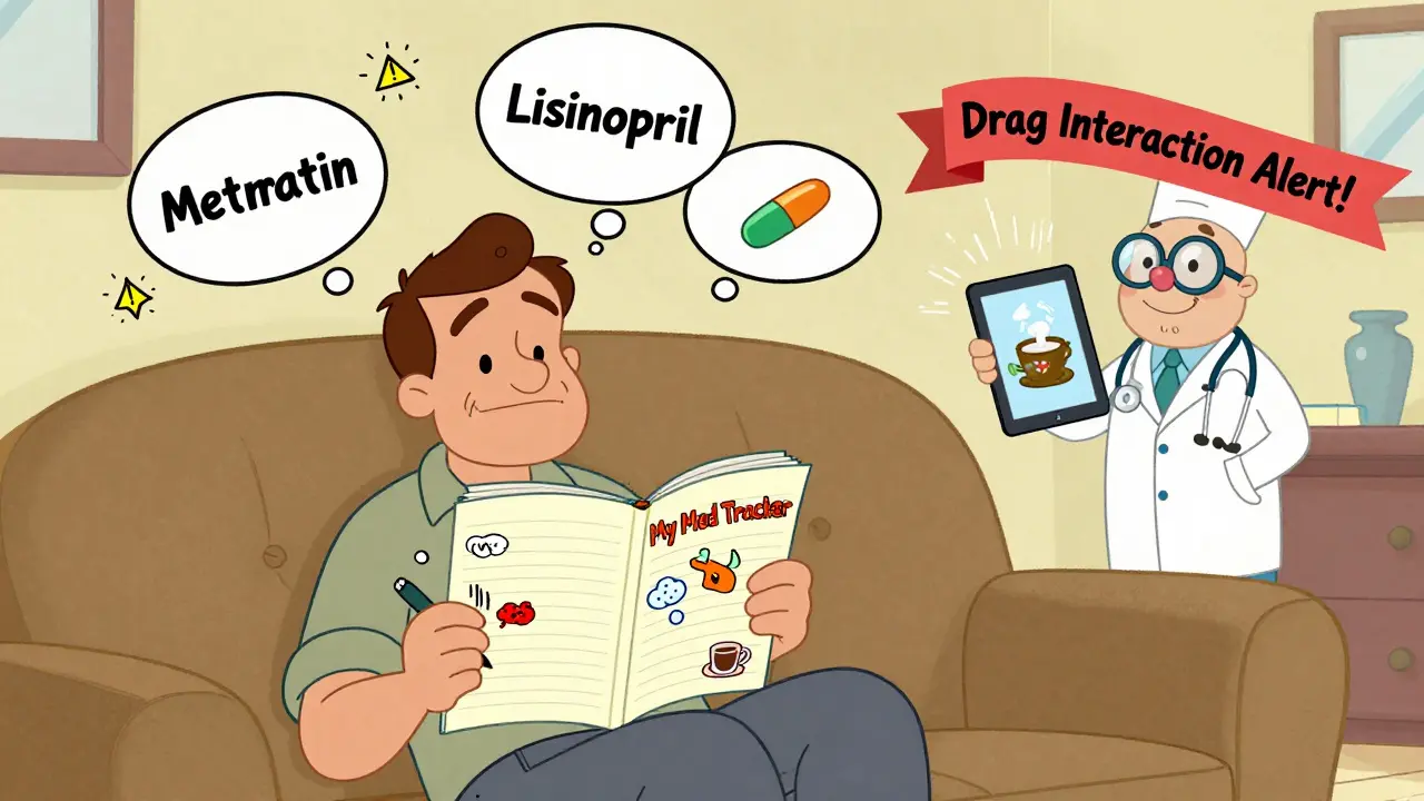 Man logging symptoms at home with floating medication warnings and pharmacist offering help.