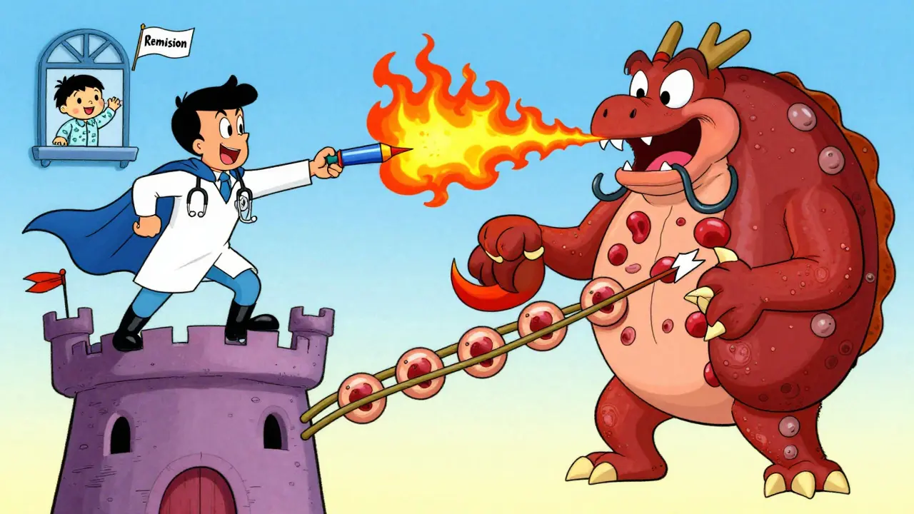 Nephrologist fights FSGS dragon with ACE inhibitor arrows, child waves from window.