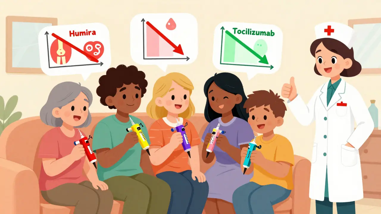 Patients happily using colorful injection pens with falling inflammation graphs.