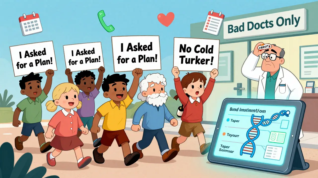 Patients marching out of a clinic with signs for safe tapering, led by an AI tablet showing a personalized plan.